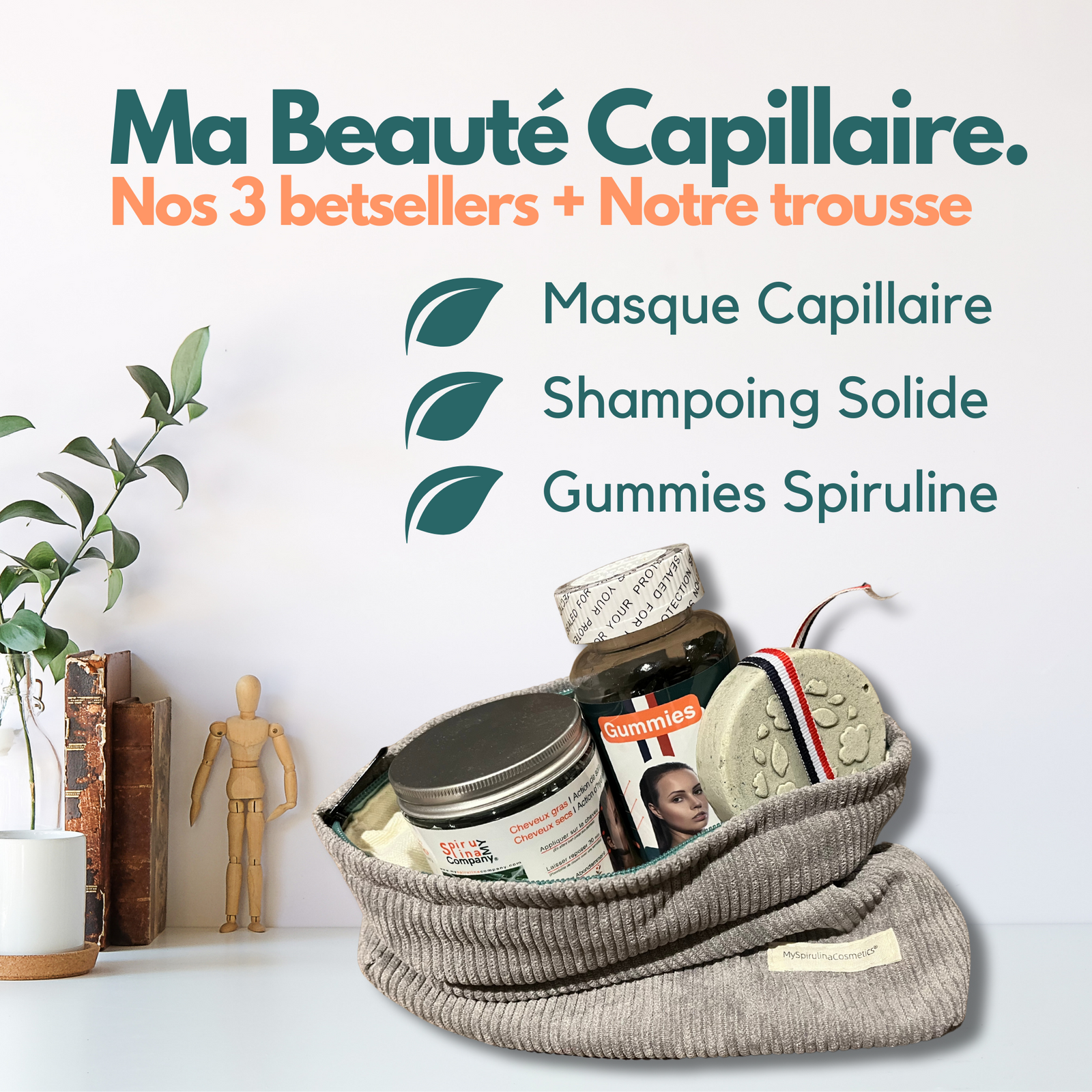 MySpirulinaCompany® - Hair beauty kit - 1 hair mask - 2 jars of gummies - 1 solid shampoo - 1 kit included