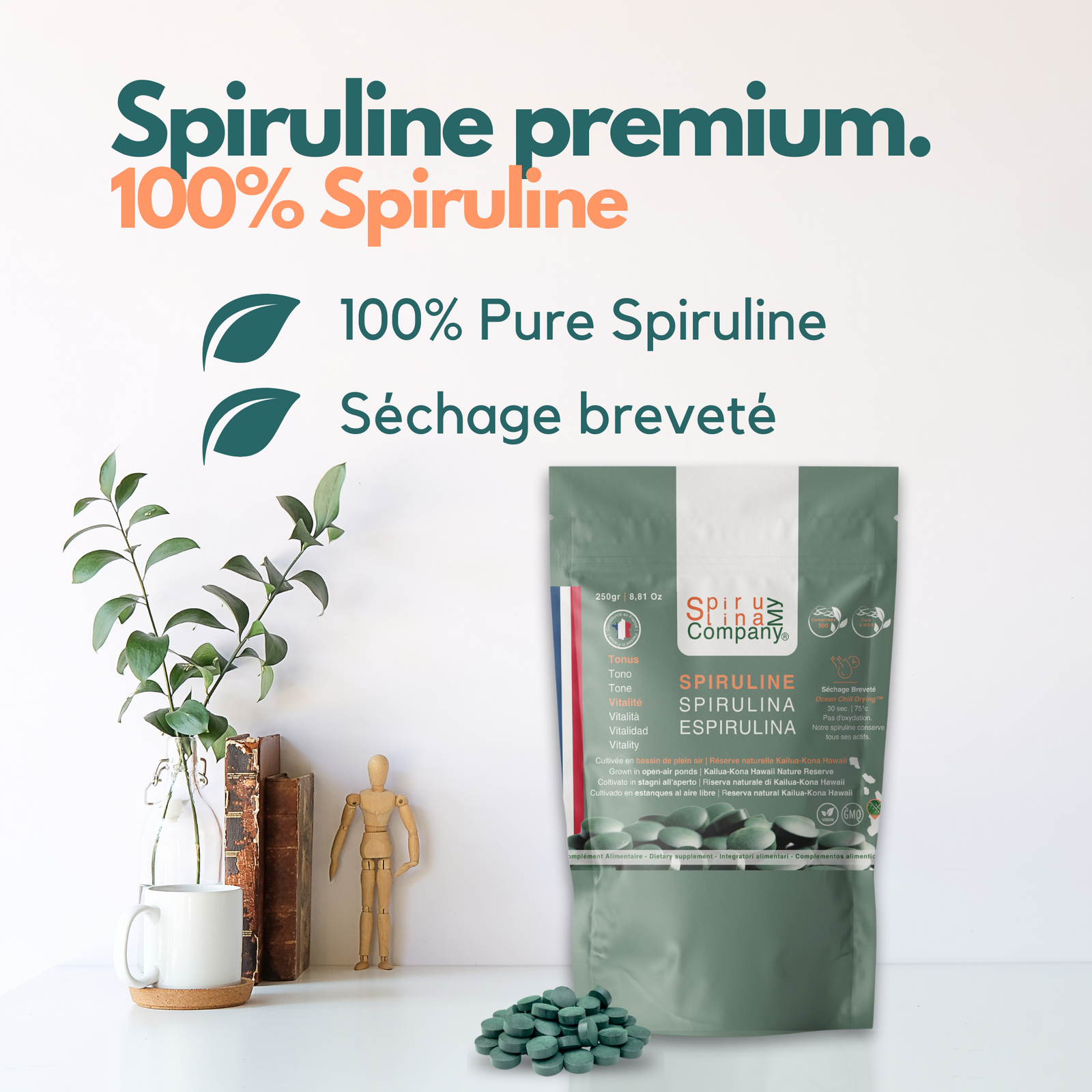 MySpirulinaCompany® - Spirulina Tablets - Rich in Protein & Phycocyanin - Iron Deficiency - 1 sachet of 500 tablets - No Excipients - Pond-Grown - Hawaii - 250gr